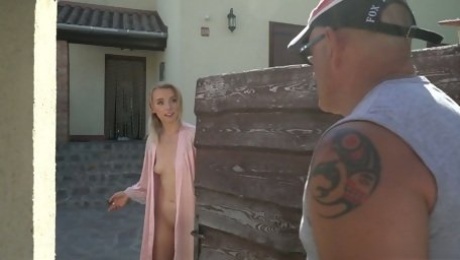 Horny blonde housewife Lily Ray works on her bald hubby's strong cock